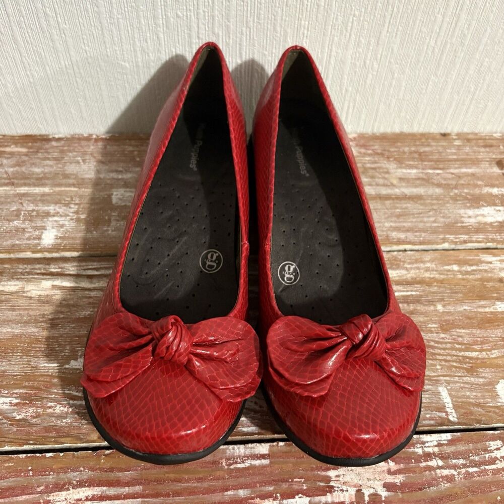 Red Bow Hush Puppies Snakeskin Flats Work Twee Retro Funky Classic Fun Women 8.5